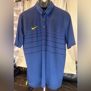 Nike Golf Dri-Fit Striped Polo Shirt Men’s L – Navy Blue w/ Yellow Swoosh